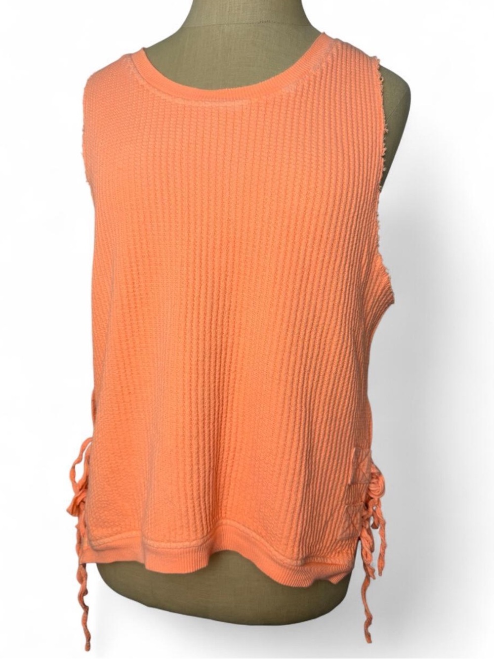 Sleeveless Waffle Knit Tank with Side Ties - Coral